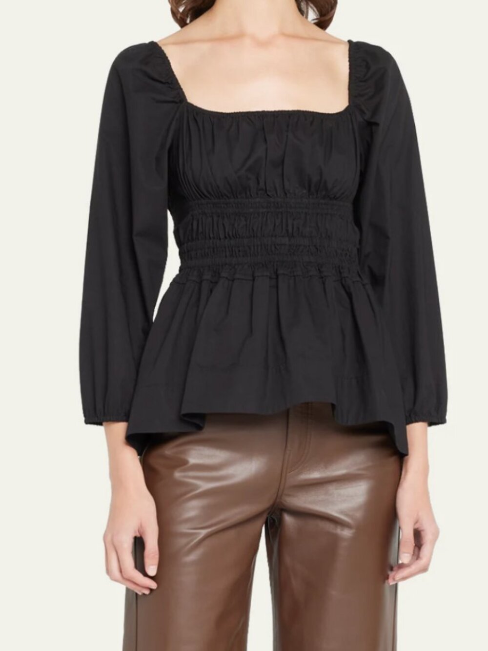 Proenza Schouler PSWL | 100% Cotton Poplin Ruched Square Neck Blouse Black